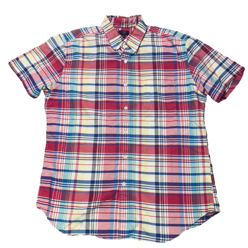 J.Crew Mens Plaid Short Sleeve Oxford Button Down Shirt Size Large Red Blue